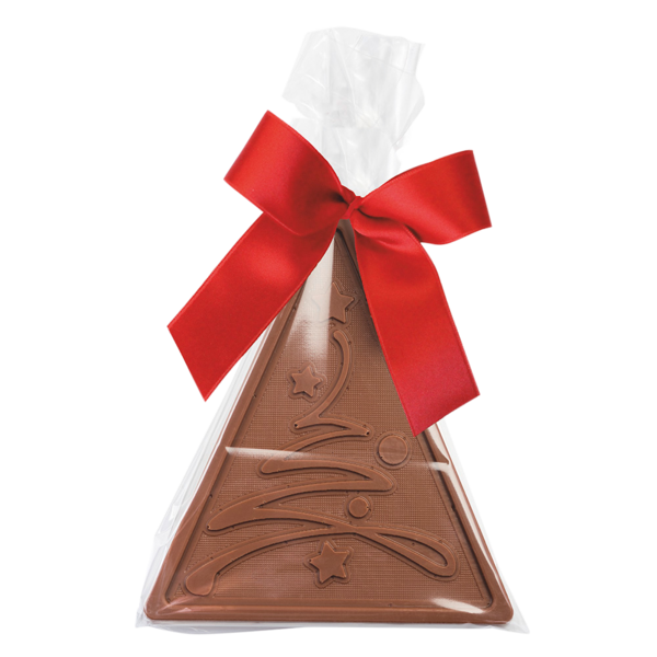 Tannenbaum aus Vollmilchschokolade mit geprägtem Weihnachtsmotiv, verpackt in transparenter Tüte mit roter Schleife