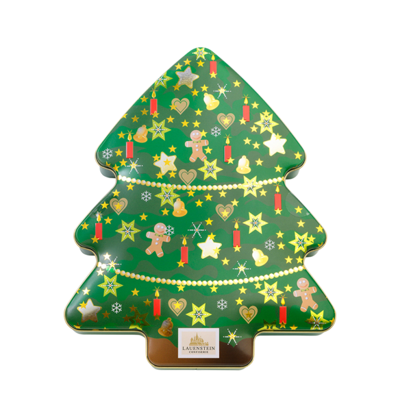 grüne Metalldose in bunt geschmückter Tannenbaum-Optik von Lauenstein Confiserie