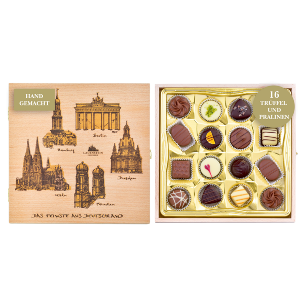 Geöffnetes Holzkästchen mit Grafiken deutscher Sehenswürdigkeiten und 16 handgefertigten Trüffeln und Pralinen von Lauenstein im goldenen Inlay