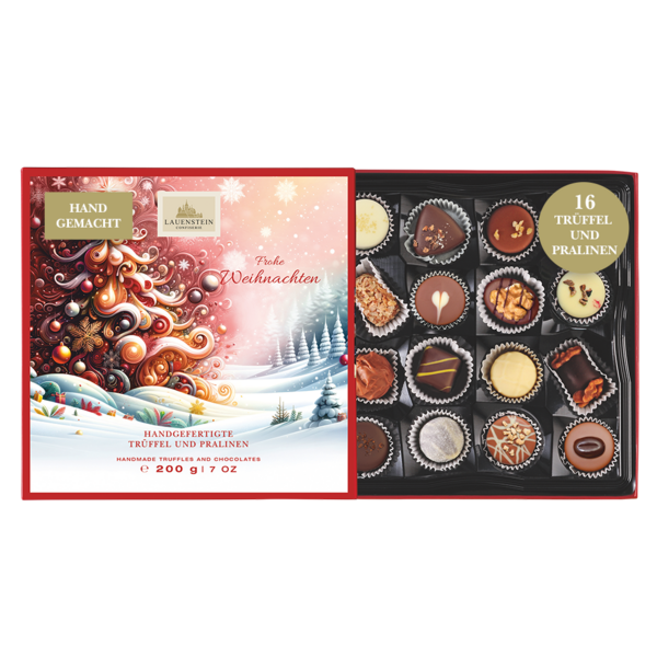 Geöffnete Lauenstein Geschenkpackung mit weihnachtlichem Einschieber und Aufschrift Frohe Weihnachten sowie 16 sortierten Pralinen