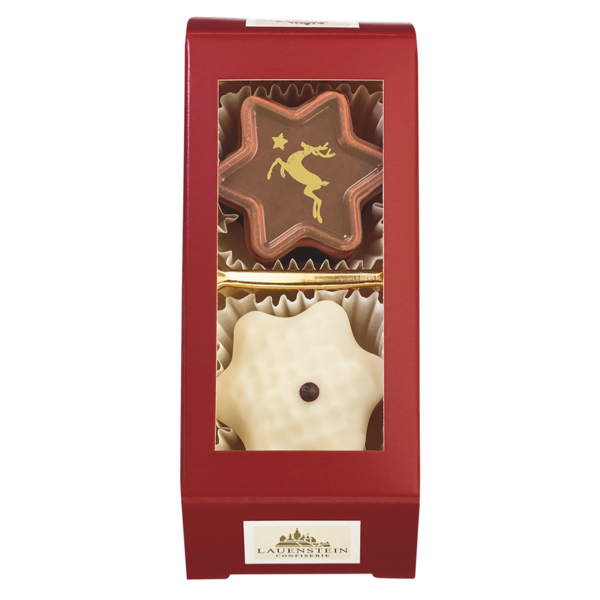 rote Lauenstein Pralinenschachtel mit Sichtfenster auf zwei unterschiedliche Weihnachtspralinen in Stern-Form