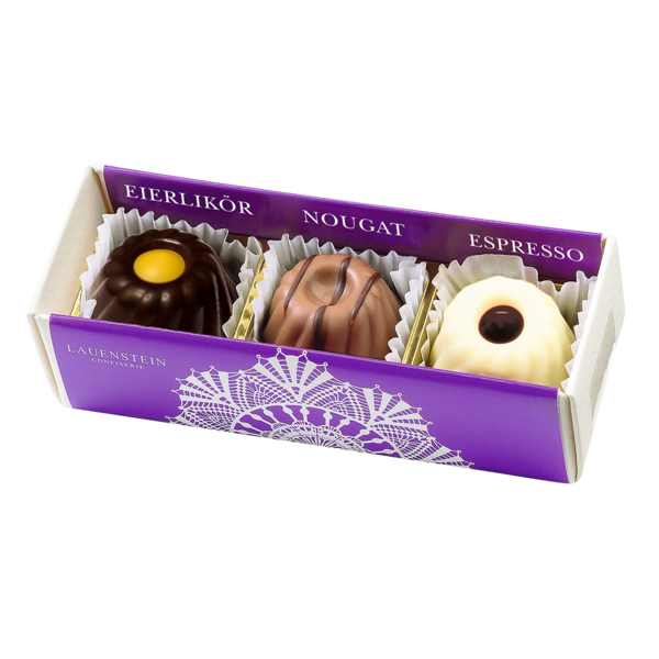 Lauenstein Pralinenstange mit drei Gugelhupf-Pralinen in den Sorten Eierlikör, Nougat und Espresso