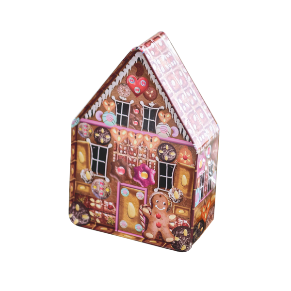 Bunte Metalldose in Form eines Lebkuchenhauses mit aufgedruckten weihnachtlichen Motiven