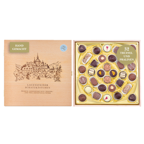 Geöffnetes Holzkästchen mit Abbildung der Burg Lauenstein und 32 handgefertigten alkoholfreien Pralinen