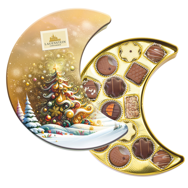 geöffnete Lauenstein Metalldose in Mondform mit goldenem, festlichem Tannenbaum-Design und 14 edlen Pralinen im goldenen Inlay