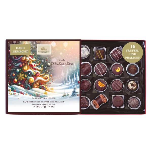 Geöffnete Lauenstein Geschenkpackung mit weihnachtlichem Einschieber und Aufschrift Frohe Weihnachten sowie 16 Zartbitter-Pralinen