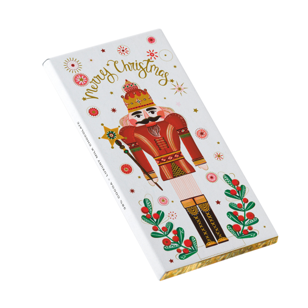 Weiße Turnowsky Schokoladentafel-Verpackung mit festlichem Nussknacker-Motiv und dem Schriftzug Merry Christmas