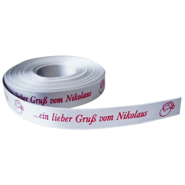 silbernes Geschenkband auf Rolle mit rotem Aufdruck ein lieber Gruß vom Nikolaus