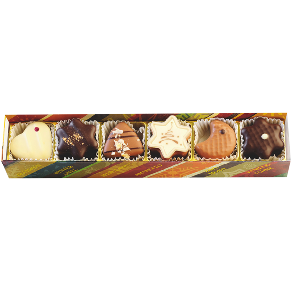 Bunt gemusterte Pralinenstange mit Klarsichtdeckel und sechs weihnachtlichen Pralinen in unterschiedlichen Formen und Farben