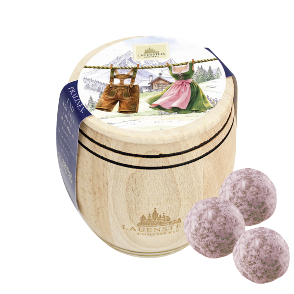 Lauensteiner Holzfässchen mit Trachten-Motiv und drei rosafarbenen Trüffeln