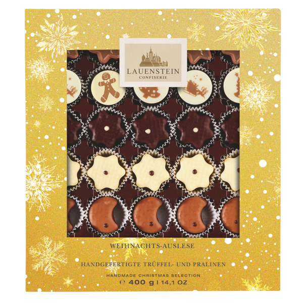 Lauensteiner Pralinenmischung Weihnachts-Auslese in goldener Box mit Sichtfenster und 30 weihnachtlichen Pralinen
