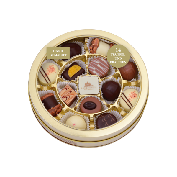 Lauenstein Runddose mit Klarsichtdeckel, der den Blick auf 14 erlesene Trüffel und Pralinen freigibt