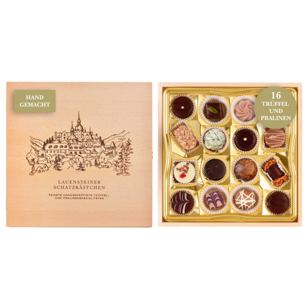 Geöffnetes Lauensteiner Schatzkästchen aus Buchenholz mit Abbildung der Burg Lauenstein und 16 verschiedenen Pralinen 