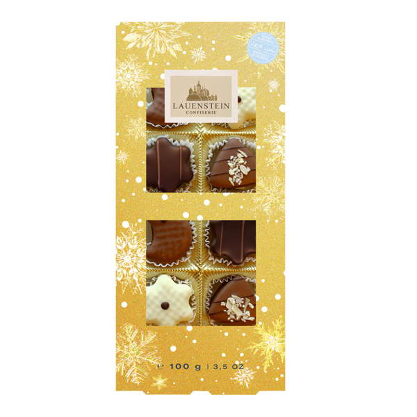 Lauensteiner Pralinenschachtel Weihnachts-Auslese in Gold mit Schneeflocken und acht sichtbaren Pralinen ohne Alkohol