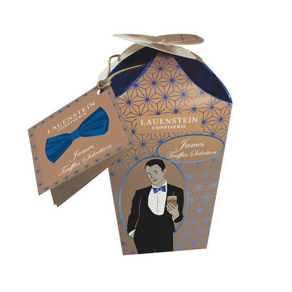 Brauner Lauenstein Cocktail-Ballotin James mit blauem Art-déco-Motiv und Anhänger