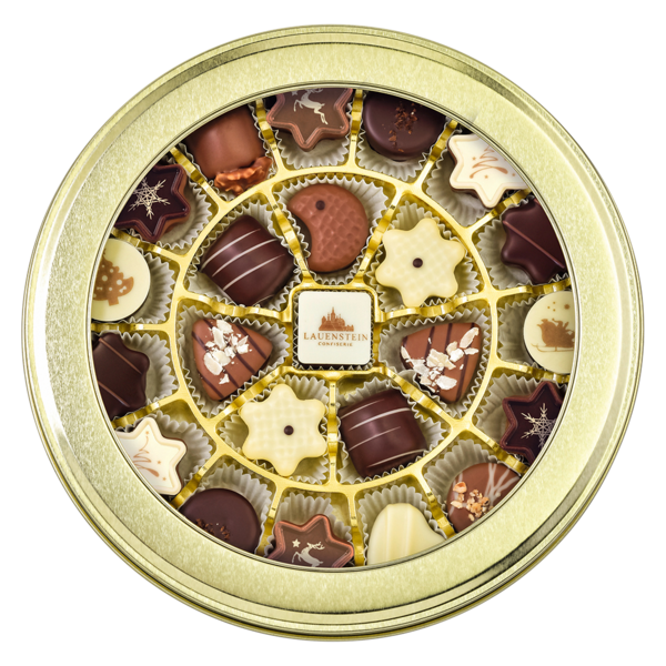Weihnachtliche Pralinenmischung in goldener Metall-Runddose mit 23 handverzierten Pralinen und Trüffeln