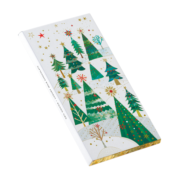 Weiße Turnowsky Schokoladentafel-Verpackung mit bunten Weihnachtsbäumen und Aufschrift Luxury Milk Chocolate