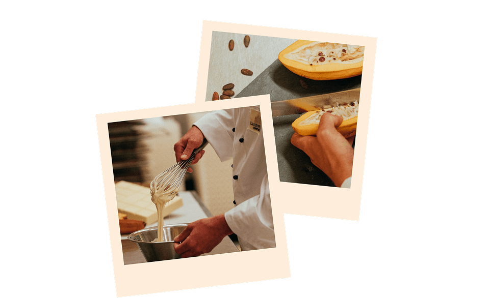 Zwei Bilder, die den Prozess der Pralinen Herstellung zeigt